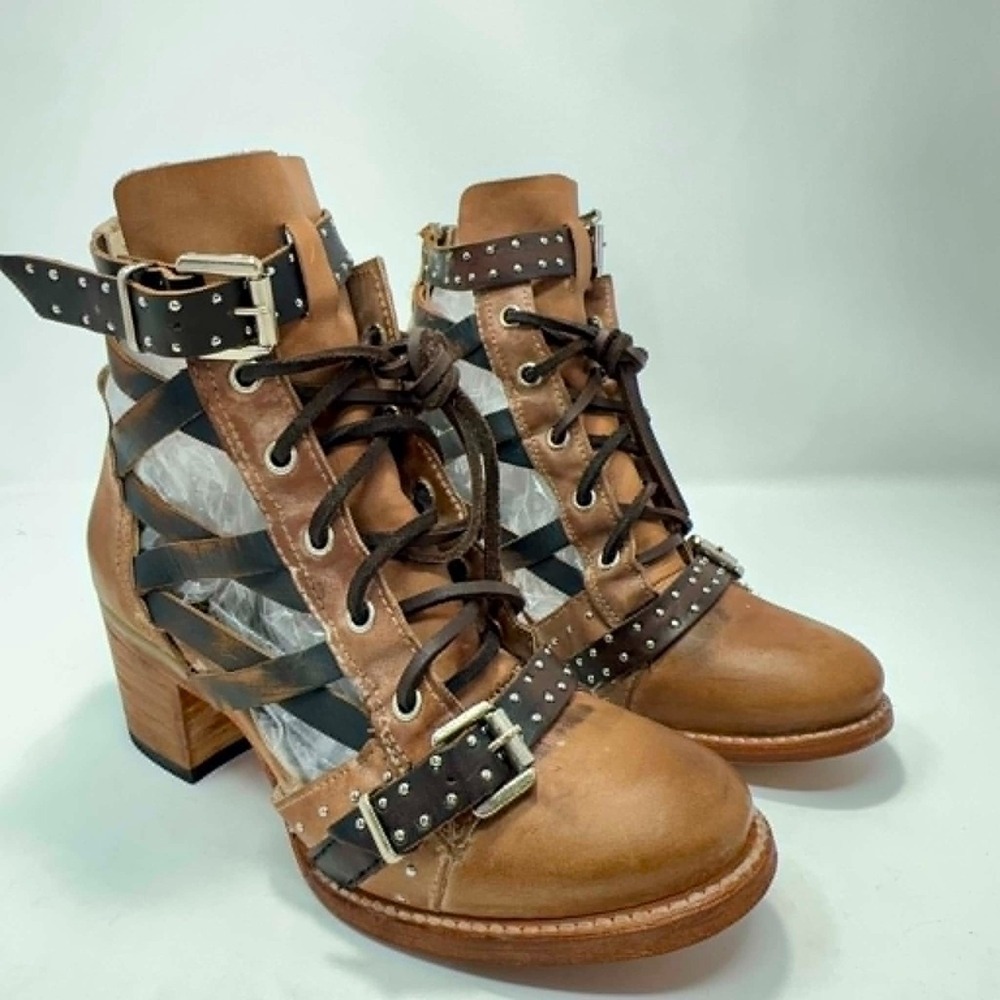 Freebird By Steven Cheyenne Boots Womens 7‎ Brown Leather Gladiator Cage Studded